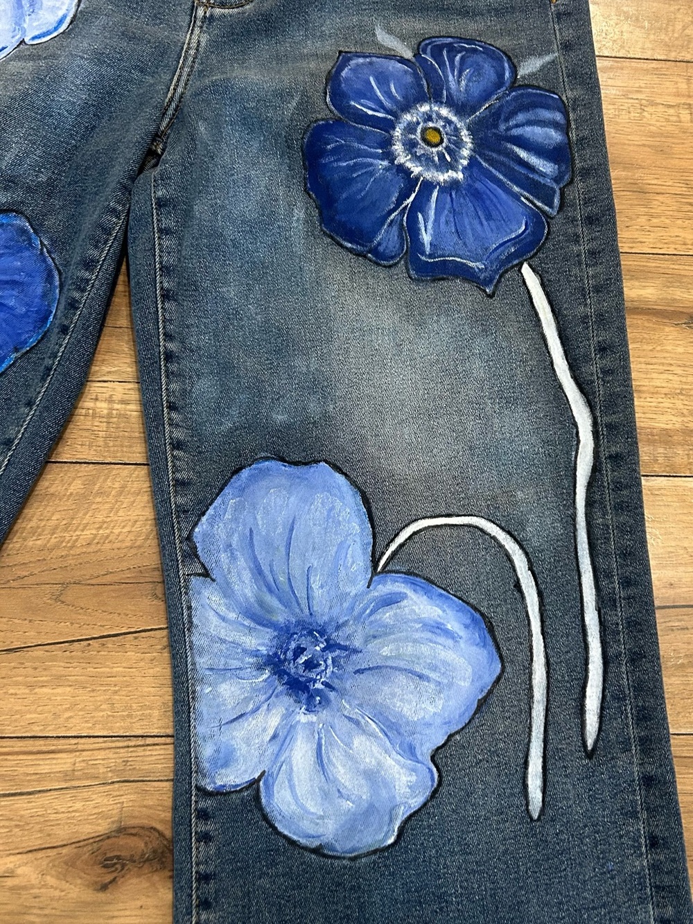 7 For All Mankind Dark Blue Jeans hand painted flowers